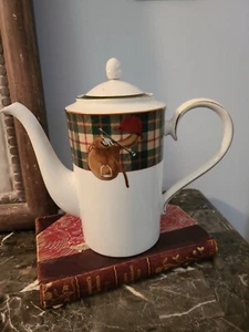 RARE Noritake Sports Page Coffee Pot Red Tan Green Plaid New display piece 10" - Picture 1 of 9