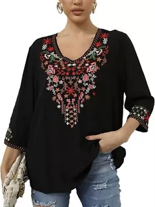 Embroidered Shirt 3/4 Sleeves, V Neck, Bohemian Blouse, Size-Large - Picture 1 of 8