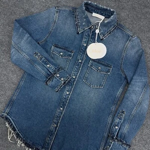 Chloe Denim Shirt Womens 40 (US 4) Small Snap Jacket Shacket Raw Hem Foggy Blue - Picture 1 of 9
