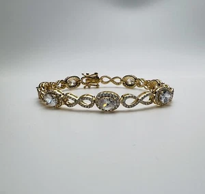 Halo Style Infinity Bracelet, Gold Plated Sterling Silver 7” For Women - Picture 1 of 5