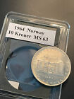 1964 10 Kroner Norway World Silver Coin KM #413 UNC w/ Plastic Case!