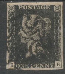 GB QV 1840 Penny schwarz, (IB) PL 9, 4 GUTE Marge, FEIN gebraucht schwarz Kreuz - Bild 1 von 2