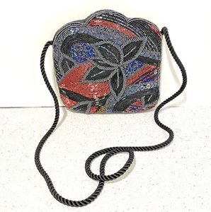 Beaded Evening Bag Purse Shoulderbag Vintage 1980s Hong Kong Black Multi Floral - Picture 1 of 8