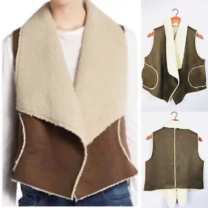 C&C California Faux Shearling Sherpa Distressed Suede Vest Brown Open Front Sz S - Picture 1 of 5