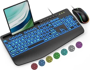 Teclado retroiluminado de impresión grande, teclados iluminados USB para computadora con 7 colores y 4 mods - Imagen 1 de 8