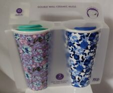 ☕💐NEW eco one Double Wall Ceramic Mugs "Floral" 2pk. 10 oz.