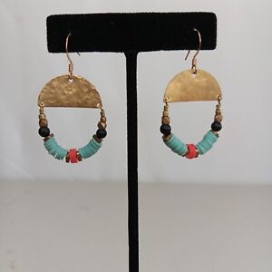 Onyx Bead Turquoise & Coral Vintage Sequin Hammered Dangle Brass Earring Jewelry