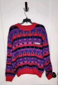 Vintage SPYDER 1990s Pullover Sweater Retro Wool Size Large Blue Red Pink Patch - Picture 1 of 8