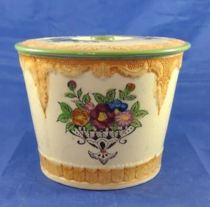 Vintage Yellow Ceramic Hand Painted Brown Blue Green Floral Biscuit Jar Japan - Picture 1 of 8