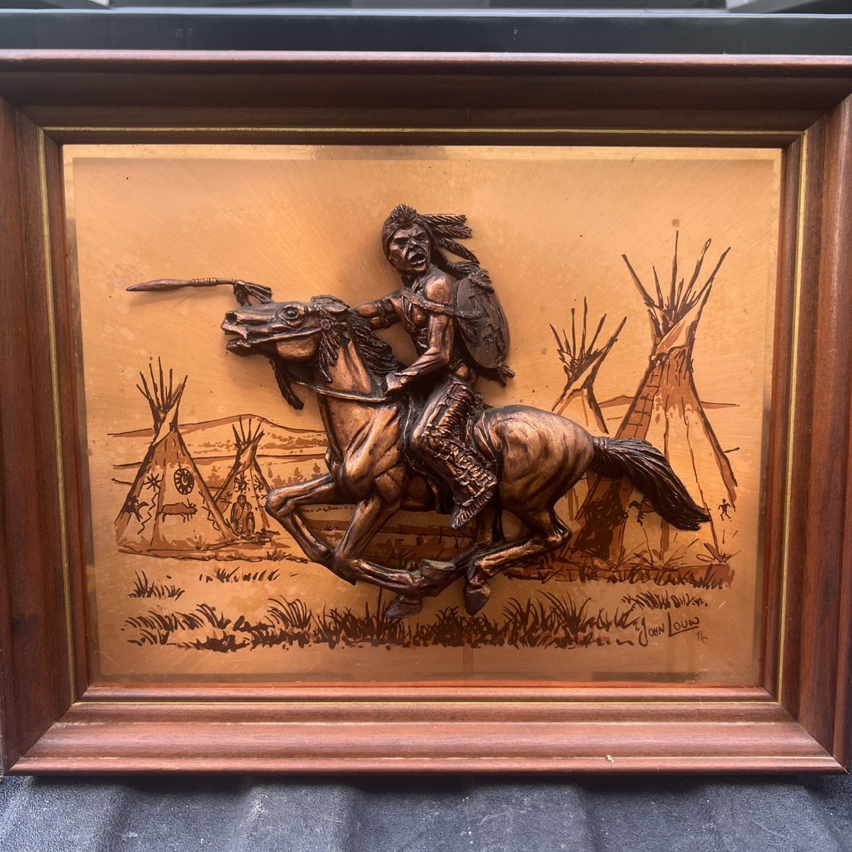 VINTAGE FRAMED JOHN LOUW COPPER 3D WALL ART NATIVE AMERICAN TEPEE