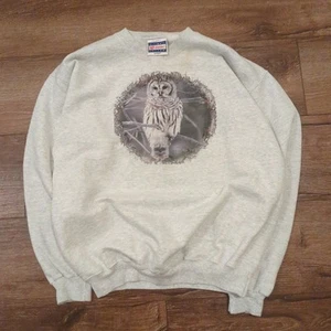 VTG Barred Owl Hanes Adult Medium Graphic Snowy Winter Potter Heathered White - Picture 1 of 7