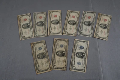 Lot of 9 Five 5 Dollar Notes - Red Seals 1963 x 2 1953 x 4 1953 x 2 1934 x 1 - Image 1 of 4