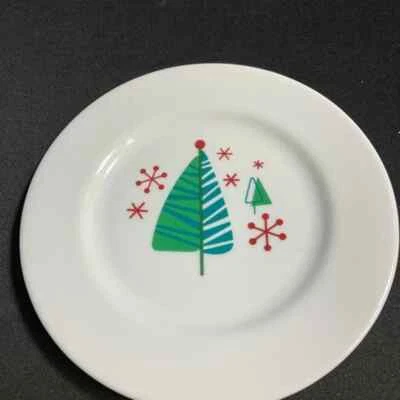 Christmas Crate& Barrel Cool Yule Dessert Salad Plate Christmas Tree Snowflakes - Image 1 of 3