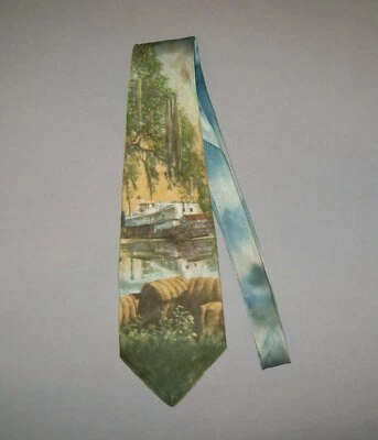 Old Vtg 1950s Mans Pilgrim Color Photo Rayon Neck Tie Old Man River Boat Scene - Image 1 of 4