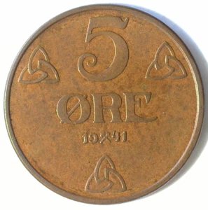 NORWAY 1941 BRONZE 5 ORE BN UNC. (KM#368) - Picture 1 of 2