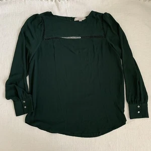 Loft Long Sleeve Blouse Women M Green Geometric Cutout Detail Silky Light Top - Picture 1 of 9