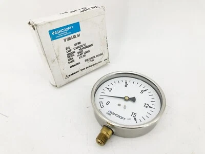 New Ashcroft 10 1008 A 02L 15# Gauge 100mm Brass 1/4" NPT 0/15psi Range - Image 1 of 4