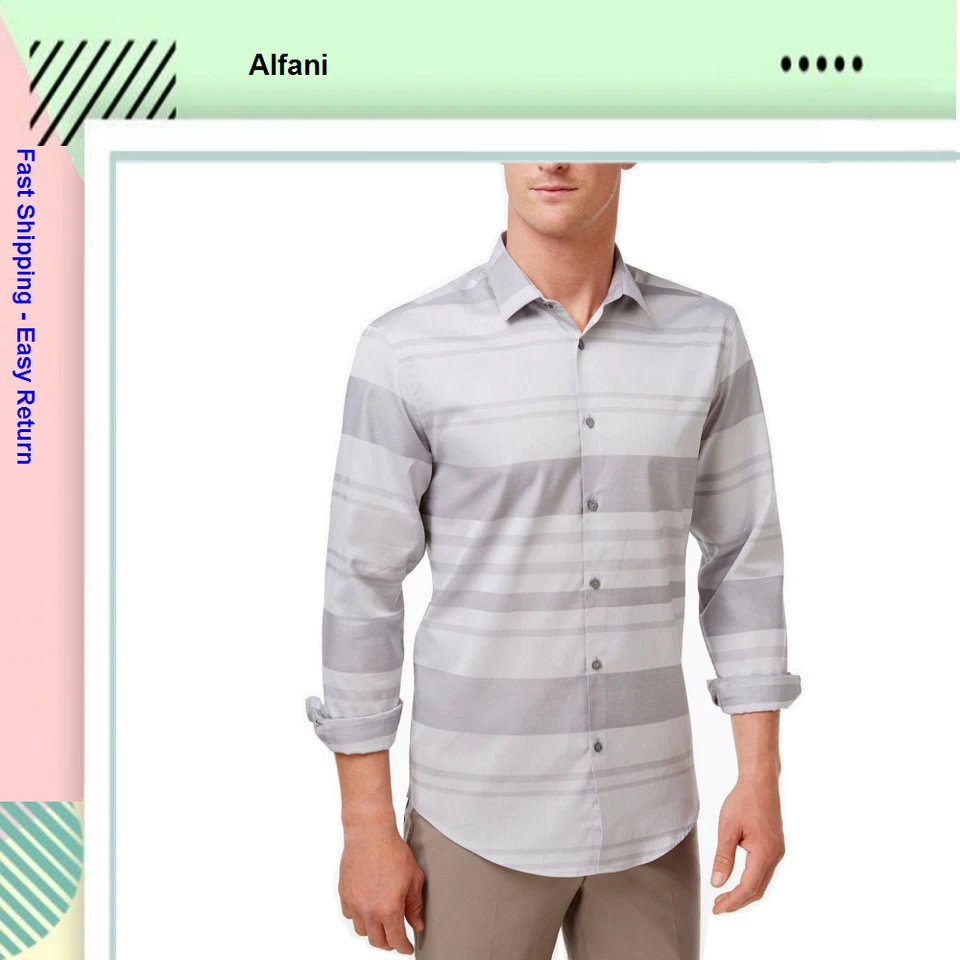 Alfani Men's Mayvis Striped Cotton Shirt Active Steel Size XL