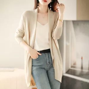 Spring V-neck Long Cardigan Women's Knitted Loose Casual Collar Sunscreen Coat - Picture 1 of 21