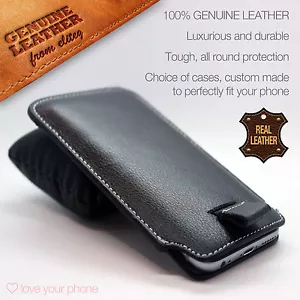 Genuine Premium Leather Luxury Pull Tab Flip Pouch Sleeve Phone Case Cover✔BLACK - Picture 1 of 7