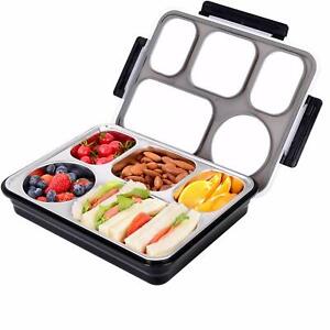 Black Lunch Box Stainless Steel For Kids Of 1.6L With 5 Compartments, Leak Proof