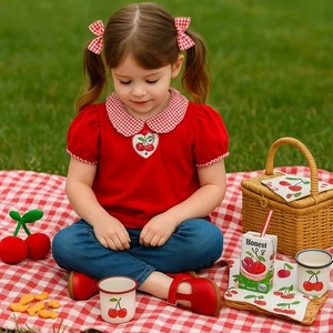 Blusa vintage de 1980 Healthtex Red Cherry Gingham Cottagecore niño pequeño | Talla 5 - Imagen 1 de 8