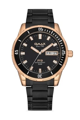 RELOJ OMAX PARA HOMBRE SEIKO MOVMT, CRON, ORO ROSA PLTD, ESFERA NEGRA Y CINTURÓN ESTAMPADO DE AGUA Foto 1 de 4