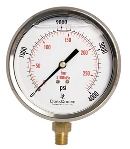 4" Oil Filled Pressure Gauge, SS Case, 1/4" NPT, Lower Mount, 0-4,000PSI - Picture 1 of 5