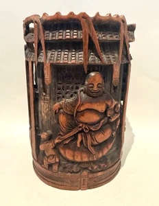 Maceta china de bambú tallada finamente con Budai (Buda de la Risa) - Imagen 1 de 7