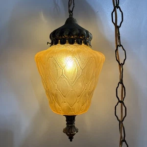 Vintage Swag Hanging Lamp Light Amber Glass Quilt Pattern 12ft Chain Plug In - Picture 1 of 10