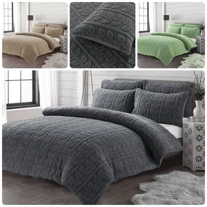 Teddy Fleece Duvet Cover Set Leaves Design Thermal Warm Cosy Bedding Set - Picture 1 of 14