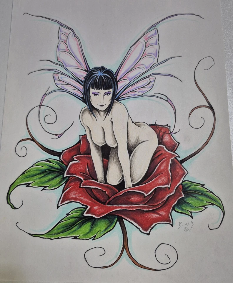 Arte original del tatuaje Rose Fairy de colección 2003 único en su clase 8,5x11" de Damen Sawyer  Foto 1 de 1