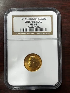 1912 Great Britain Gold 1/2 Sovereign NGC MS 64 Cheshire Coll. - Picture 1 of 4