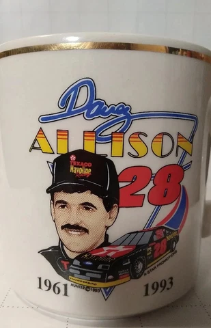 Vintage NASCAR Davey Allison #28 Mug Cup gold trim Cover