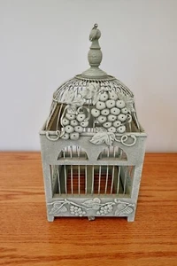 Vintage Metal & Wood Birdcage Made in Philippines Greenish Grey Decor Grapes - Picture 1 of 12