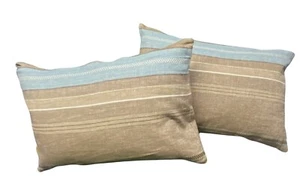 Set Of 2 Ralph Lauren Hinsdale Linen Throw Pillow 16 x 24 Tan / Blue MSRP $200x2 - Picture 1 of 13