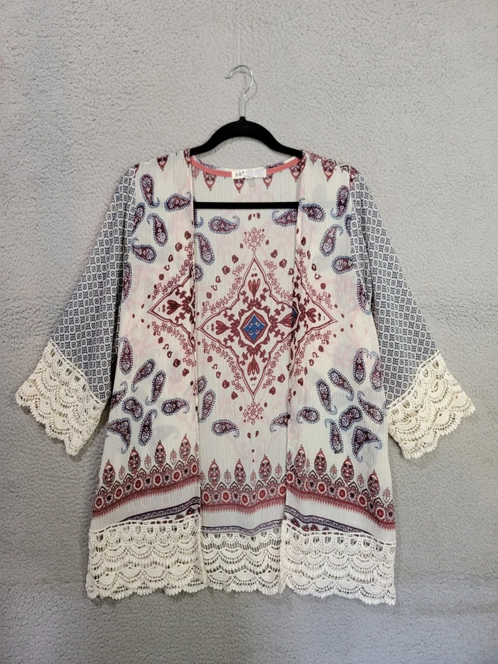 Jolt Kimono Open Cardigan Medium Crochet Trim Boho Duster Chiffon Paisley  - Image 1 of 4