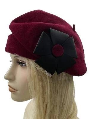 Laulhere 法国帽子贝雷帽羊毛 - 波尔多和黑色花朵 - 7 - 7 1/8 法国 — 第 1/4 张图片