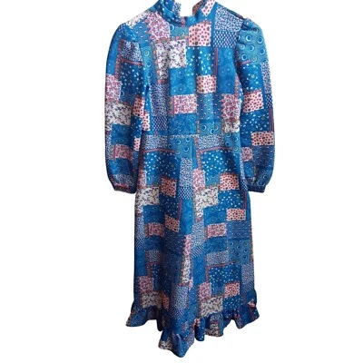 Maxi Vestido Vintage Años 70 Patchwork Dobladillo Volantes Pradera Disco Estampado Años 70 1OF1 XS Foto 1 de 4