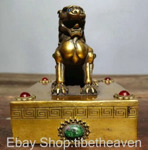 4.4" Old Chinese Dynasty Brass Inlay Gem Lion Beast Statue Seal Stamp Signet - Picture 1 of 9