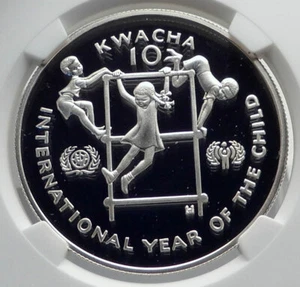 1980 ZAMBIA African Year Children Genuine Proof Silver 10 Kwacha Coin NGC i80050 - Picture 1 of 5