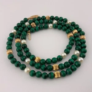 Halskette Malachit Perle 14kt Gold Perlen grün 24 Zoll Fisch Haken Verschluss Vintage - Bild 1 von 13