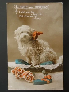 Geburtstag Gruß ein Welpe in einem Korb a Happy Geburtstag c1927 Postkarte - Bild 1 von 2