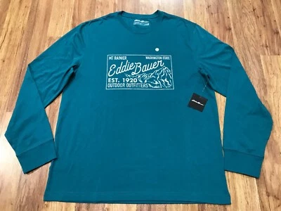 PARA HOMBRES L - NUEVO Eddie Bauer Outdoor Outfitters Retro Logo Manga Larga Camiseta Verde azulado Foto 1 de 4
