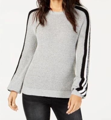 New $160 Inc Women's Grey Varsity Striped Eyelash Trim Crew Neck Sweater Size S Foto 1 de 2