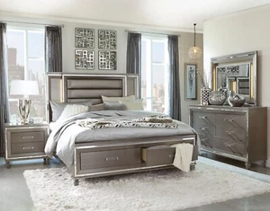 5pcs Modern Silver-Gray Bedroom Set w/ Queen King LED Lighted Storage Bed IA4N - Picture 1 of 8