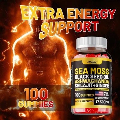 Algas marinas, aceite de semilla negra, ashwagandha, shilajit, gomitas de jengibre, equilibrar el estrés Foto 1 de 4