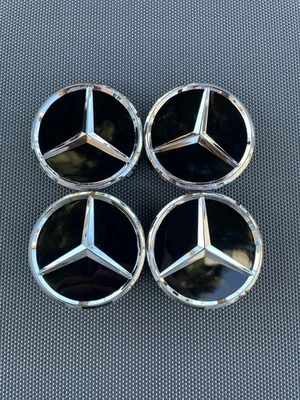 MERCEDES-BENZ SET OF 4 BLACK mirror 75mm/2.95in Wheel Center Caps Fit Most Model - Image 1 of 4