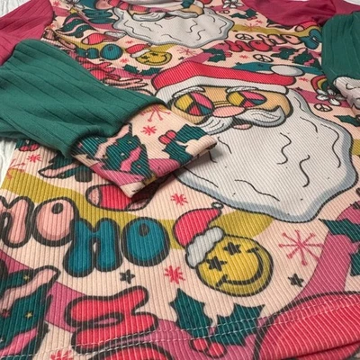 Handmade Groovy Santa Long Sleeved Top Ribbed Pink Green Girls 6/7 - Image 1 of 4