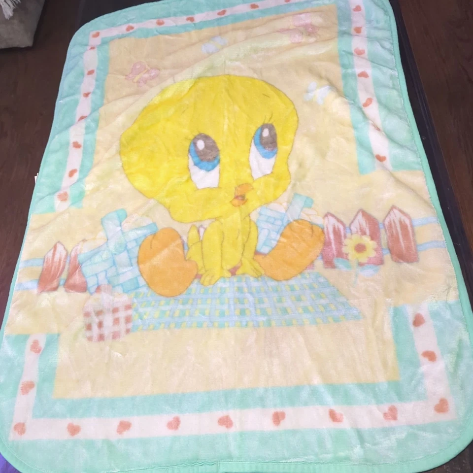 Vtg Baby Looney Tunes Crib Blanket Throw Soft Tweety Bird Pastel Mint Green 2002 - Image 1 of 4
